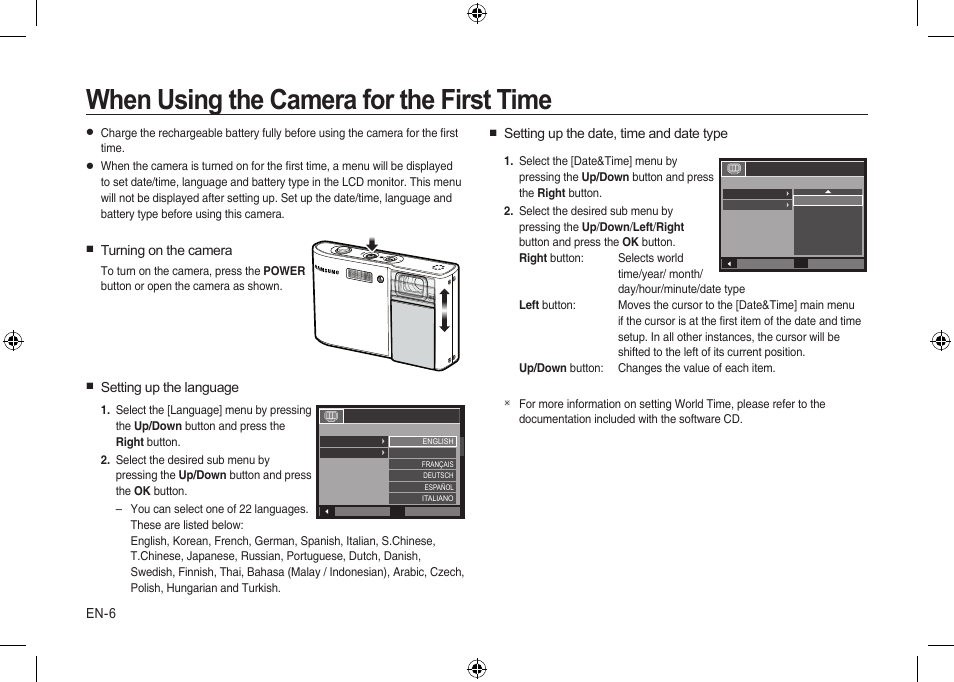 When using the camera for the first time | Samsung I100 User Manual | Page 6 / 56