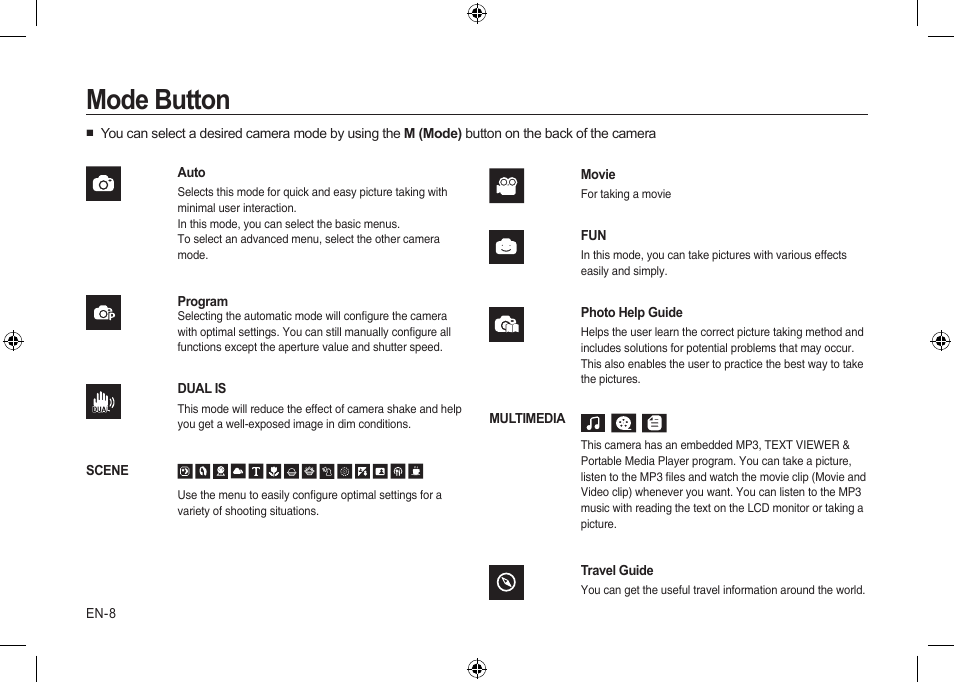 Mode button | Samsung I100 User Manual | Page 8 / 56