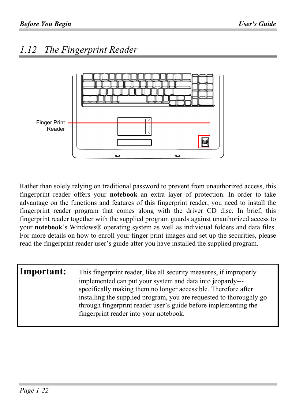 12 the fingerprint reader, 12 t, Ingerprint | Eader, Important | Microsoft W840DI User Manual | Page 28 / 58