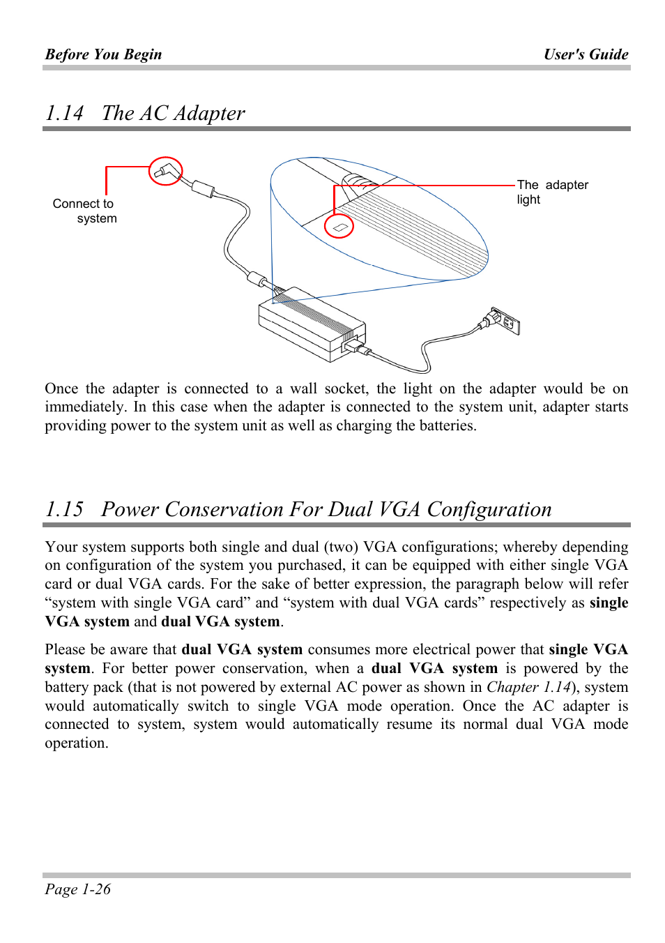 14 the ac adapter, 15 power conservation for dual vga configuration, 14 t | Dapter | Microsoft W840DI User Manual | Page 32 / 58