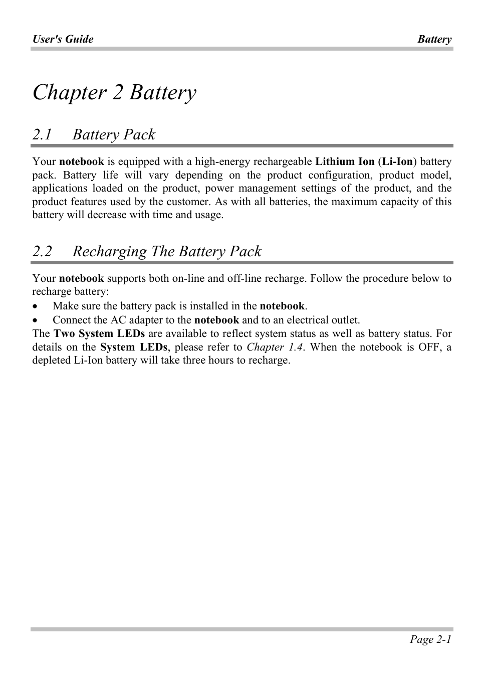 Chapter 2 battery, 1 battery pack, 2 recharging the battery pack | Chapter 2 battery -1, Attery, Echarging | Microsoft W840DI User Manual | Page 33 / 58