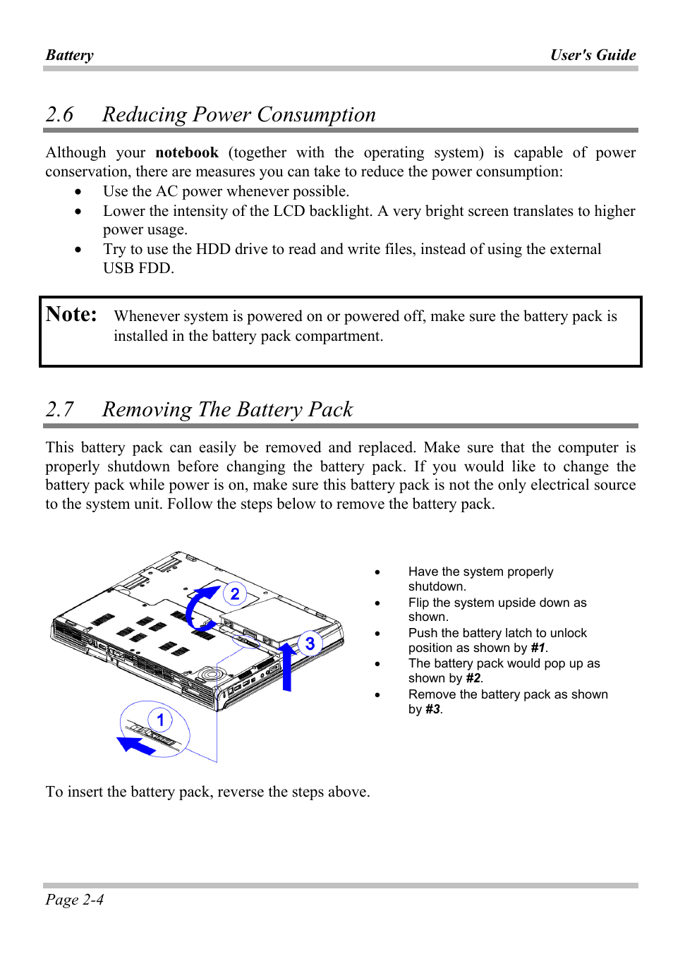 6 reducing power consumption, 7 removing the battery pack, Educing | Ower, Onsumption, Emoving, Attery | Microsoft W840DI User Manual | Page 36 / 58