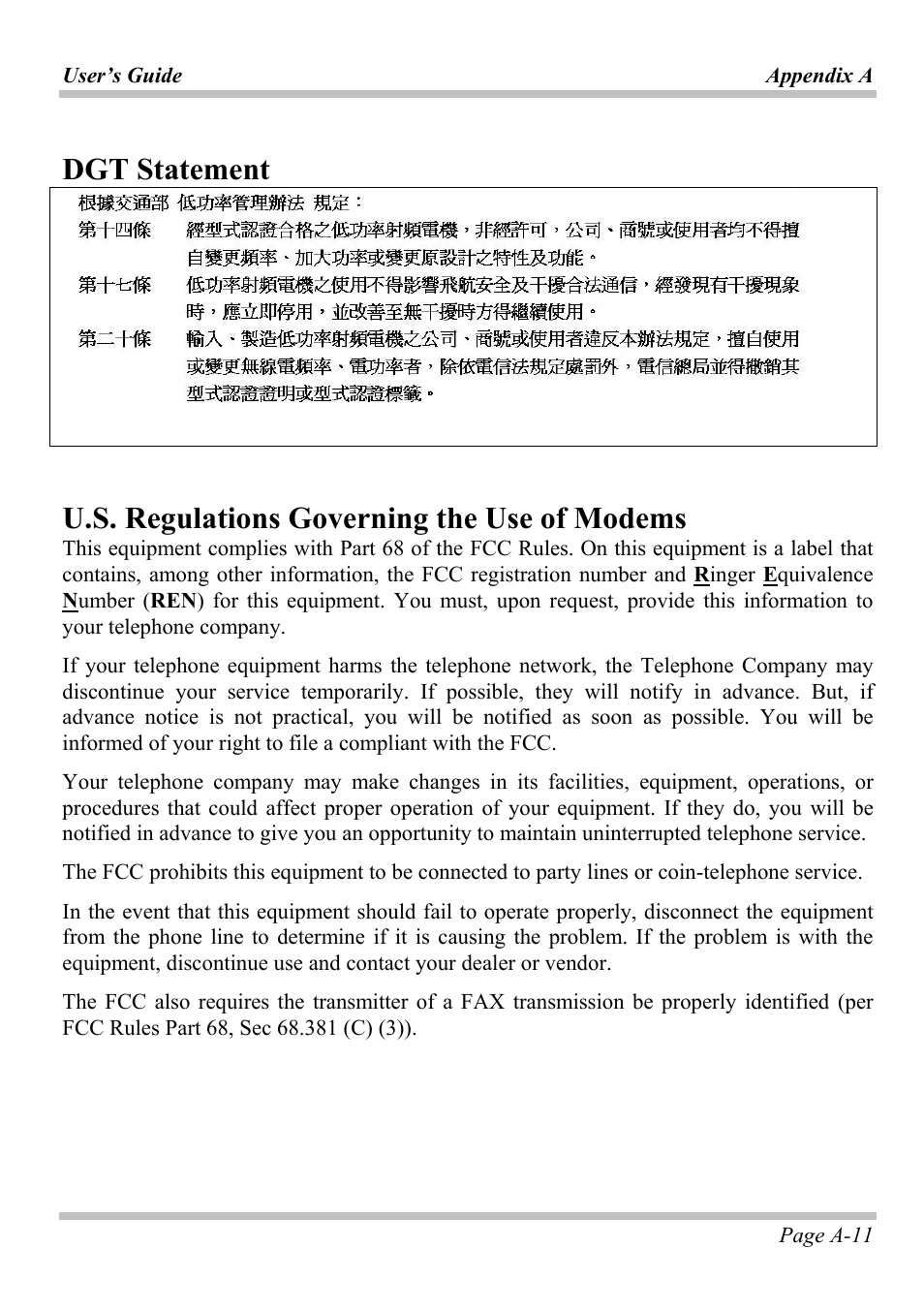 Dgt statement, U.s. regulations governing the use of modems | Microsoft W840DI User Manual | Page 55 / 58