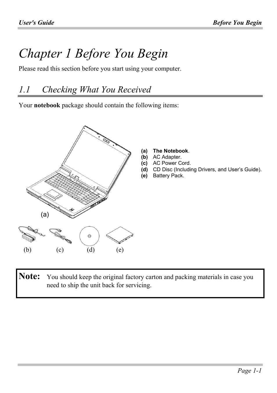 Chapter 1 before you begin, 1 checking what you received, Chapter 1 before you begin -1 | Hecking, Eceived | Microsoft W840DI User Manual | Page 7 / 58