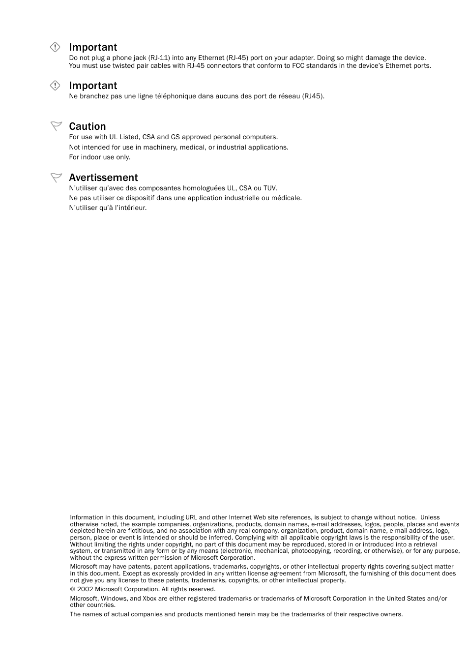 Important, Caution, Avertissement | Microsoft MN-130 User Manual | Page 2 / 64