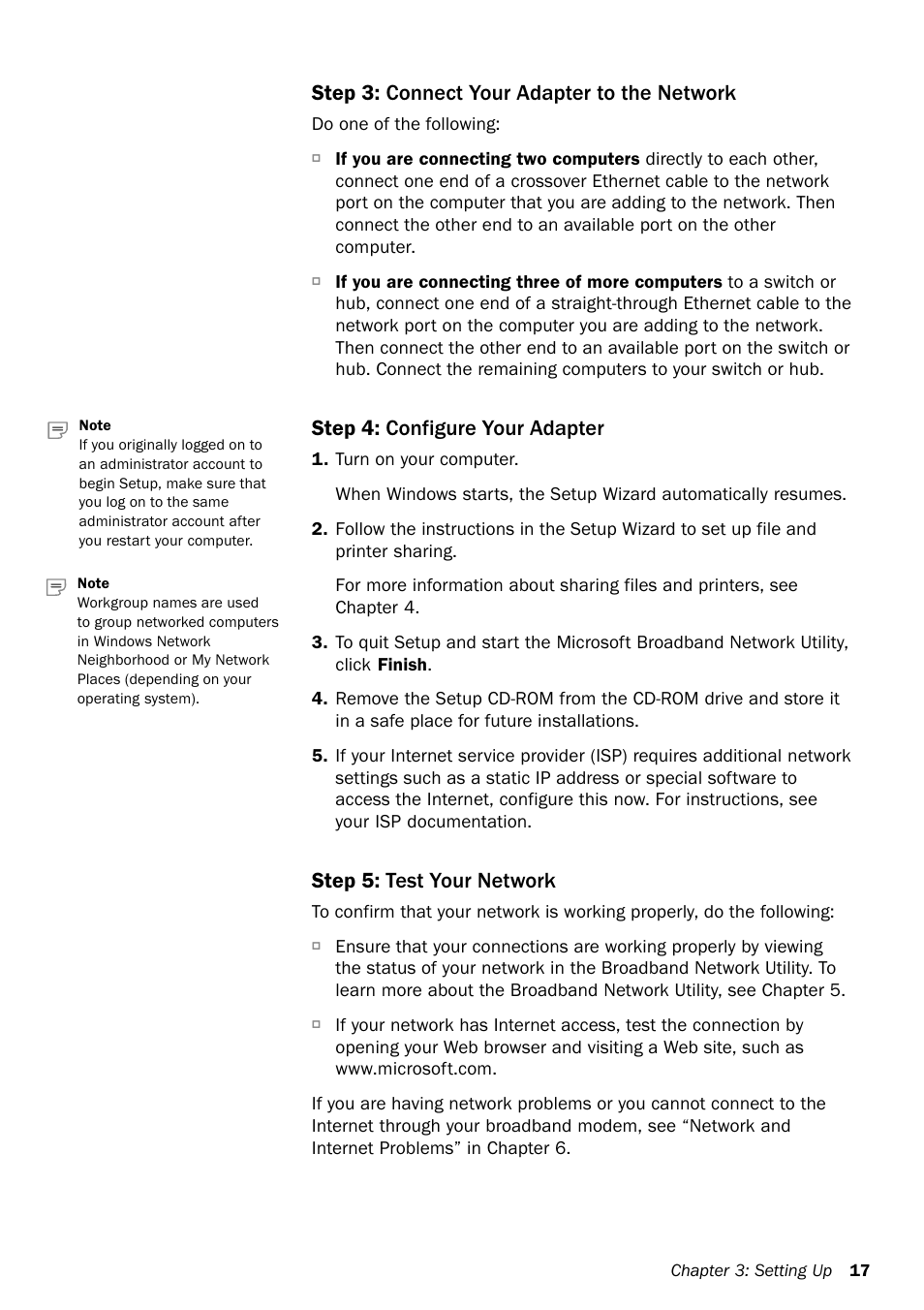 Step 3: connect your adapter to the network, Step 4: configure your adapter, Step 5: test your network | Microsoft MN-130 User Manual | Page 21 / 64