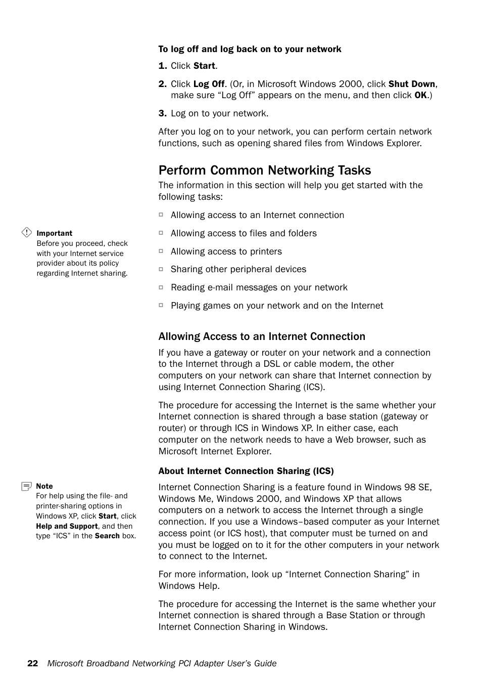 Perform common networking tasks, Allowing access to an internet connection | Microsoft MN-130 User Manual | Page 26 / 64