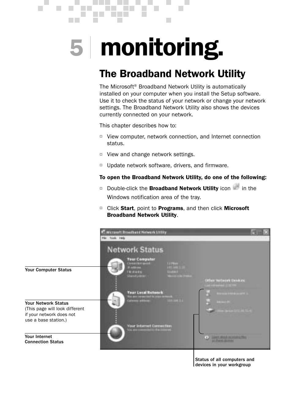 Monitoring, The broadband network utility | Microsoft MN-130 User Manual | Page 35 / 64