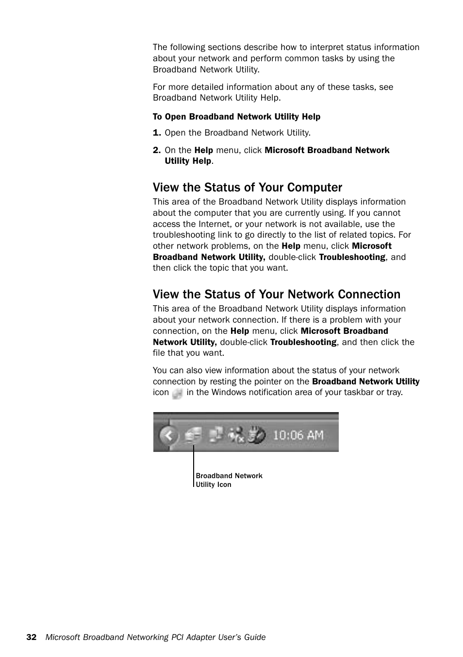 View the status of your computer, View the status of your network connection | Microsoft MN-130 User Manual | Page 36 / 64