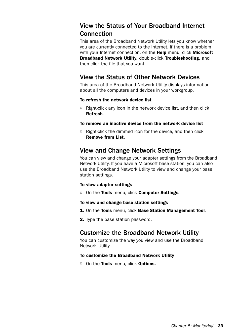 View the status of other network devices, View and change network settings, Customize the broadband network utility | Microsoft MN-130 User Manual | Page 37 / 64