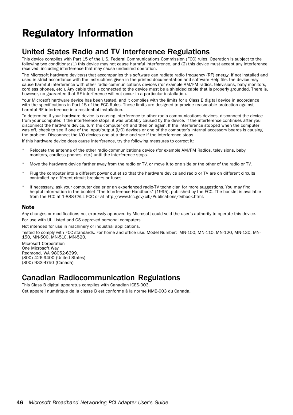 Regulatory information, Canadian radiocommunication regulations | Microsoft MN-130 User Manual | Page 50 / 64