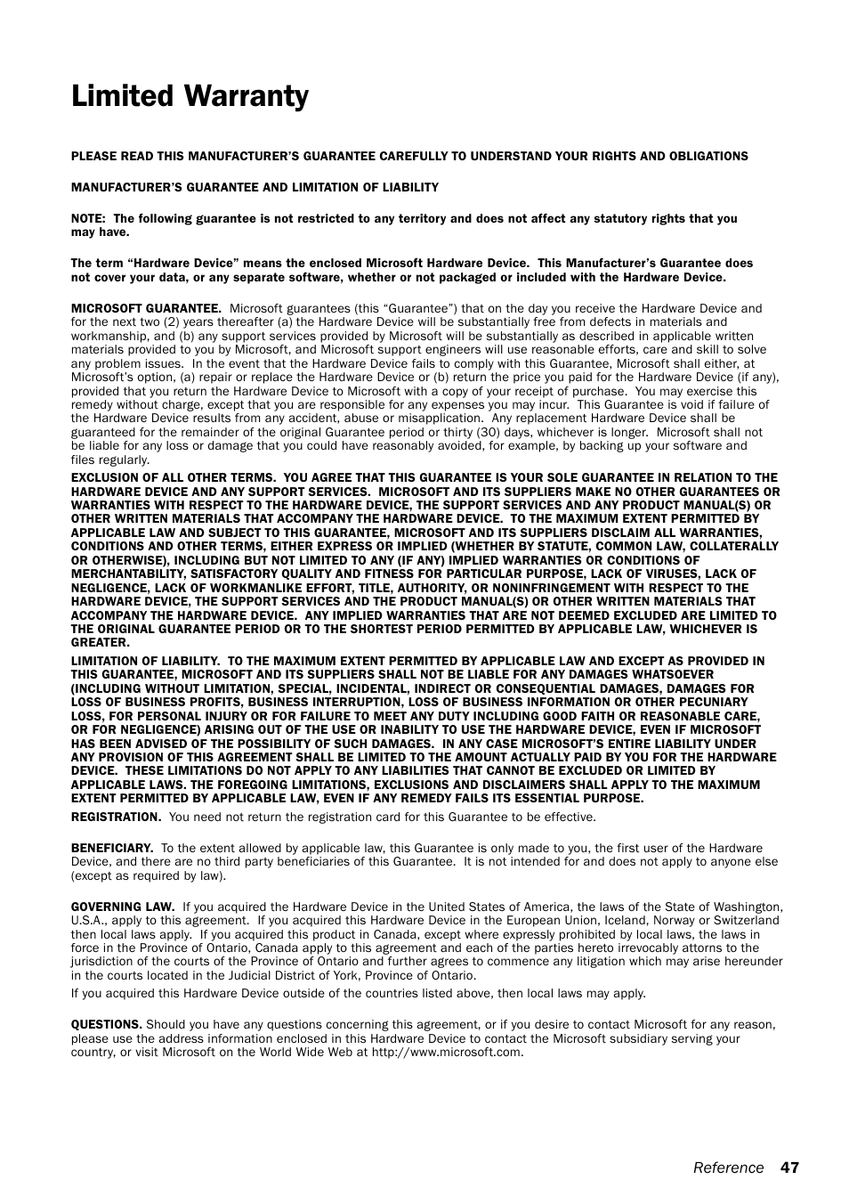 Limited warranty | Microsoft MN-130 User Manual | Page 51 / 64