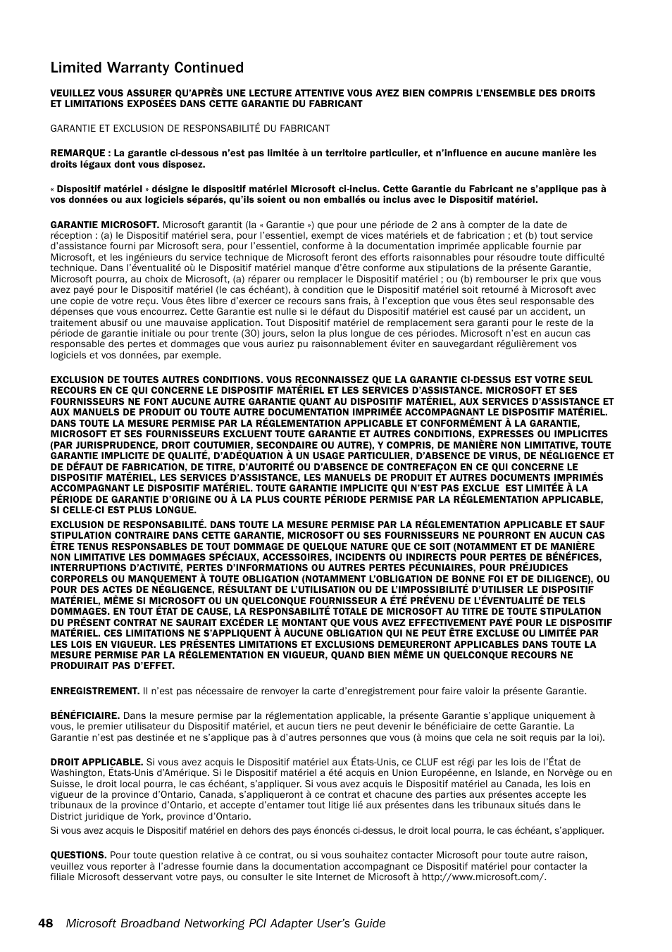 Limited warranty continued | Microsoft MN-130 User Manual | Page 52 / 64