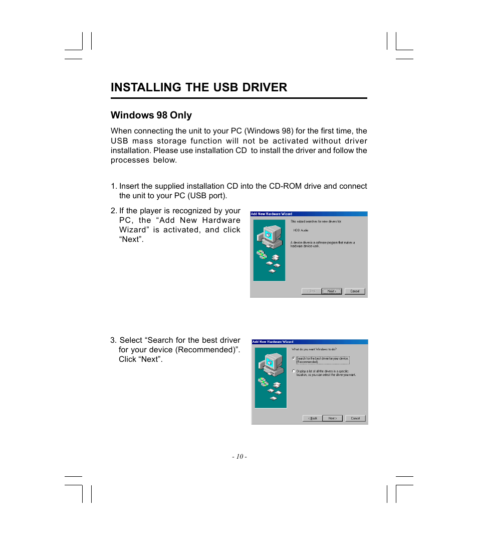 Installing the usb driver | Microsoft HDP-3202-BS User Manual | Page 11 / 38