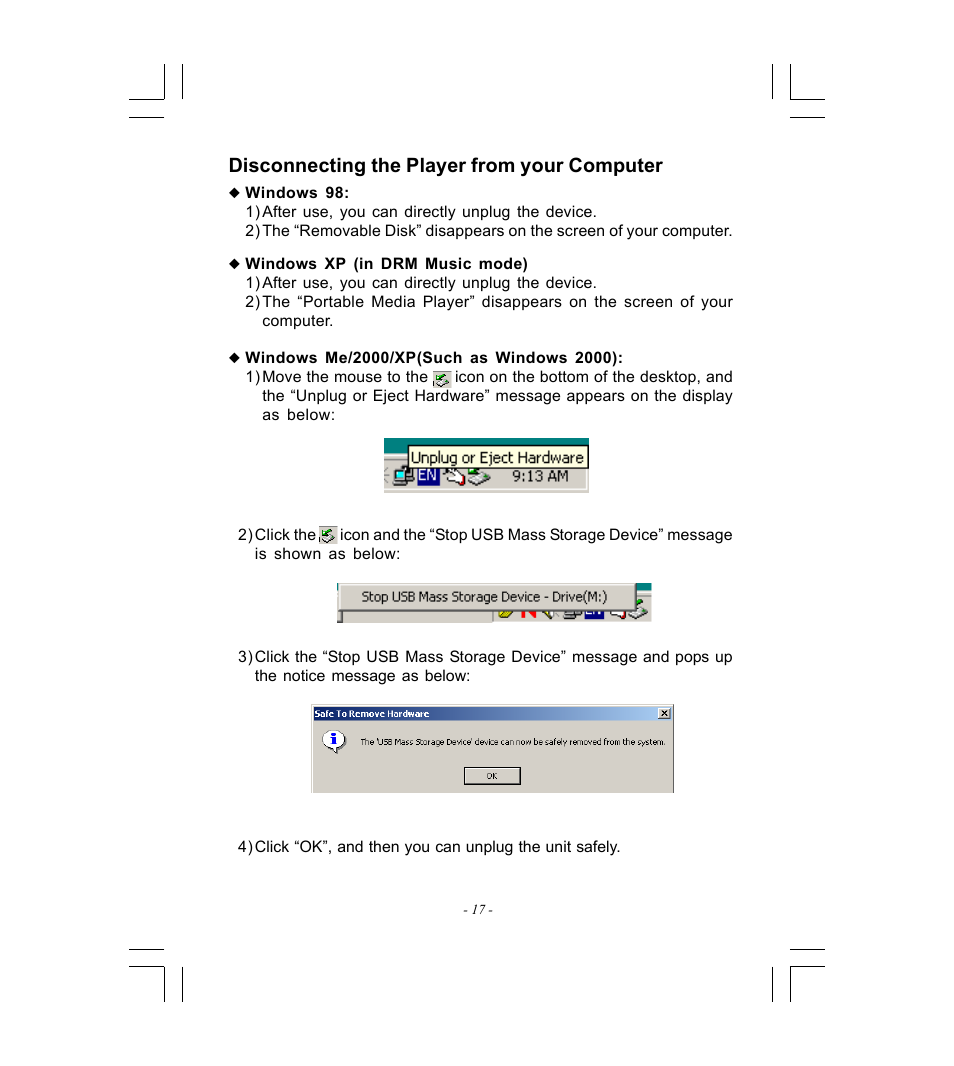 Disconnecting the player from your computer | Microsoft HDP-3202-BS User Manual | Page 18 / 38