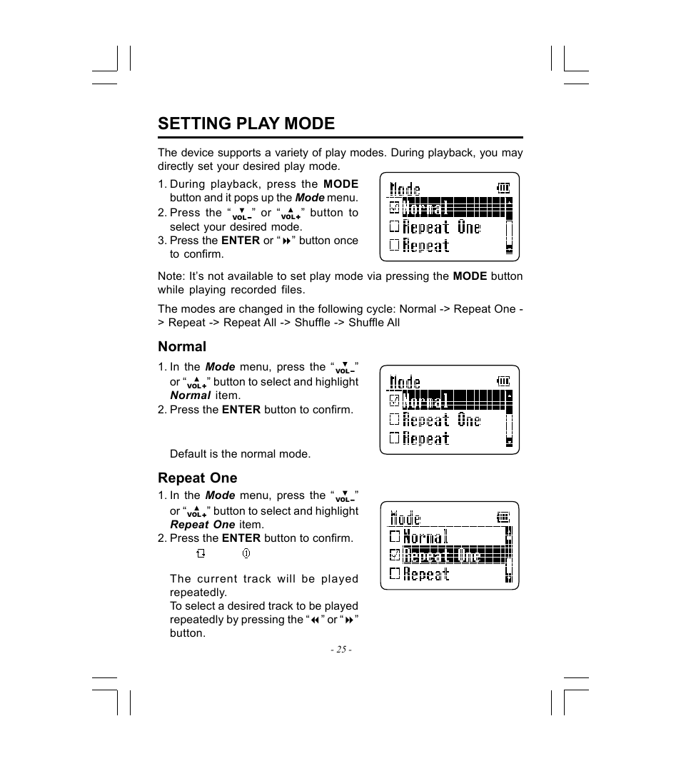 Setting play mode, Normal, Repeat one | Microsoft HDP-3202-BS User Manual | Page 26 / 38