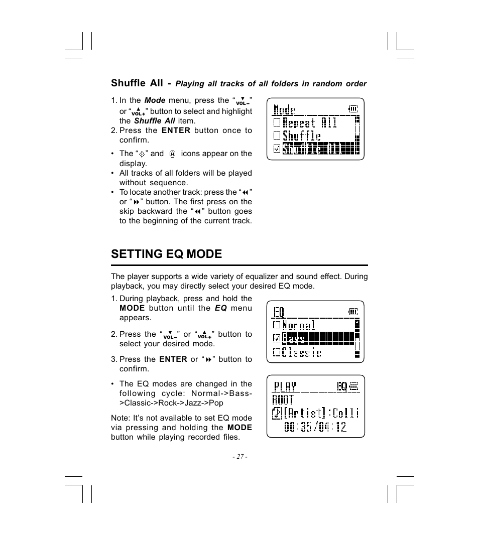 Setting eq mode, Shuffle all | Microsoft HDP-3202-BS User Manual | Page 28 / 38