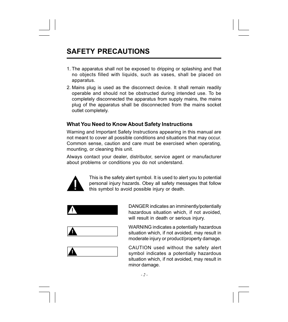 Danger warning caution, Safety precautions | Microsoft HDP-3202-BS User Manual | Page 3 / 38
