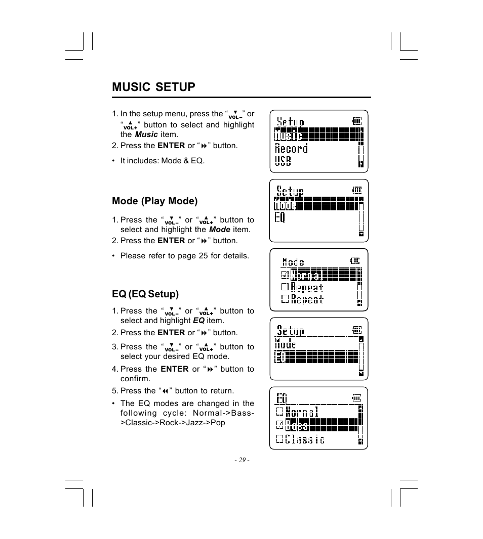 Music setup, Mode (play mode), Eq (eq setup) | Microsoft HDP-3202-BS User Manual | Page 30 / 38