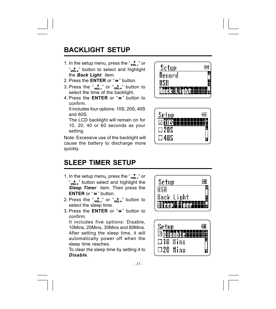 Backlight setup, Sleep timer setup | Microsoft HDP-3202-BS User Manual | Page 32 / 38