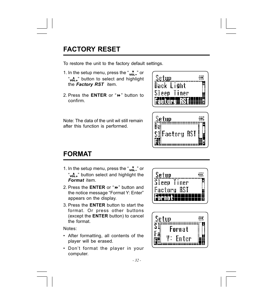 Factory reset, Format | Microsoft HDP-3202-BS User Manual | Page 33 / 38