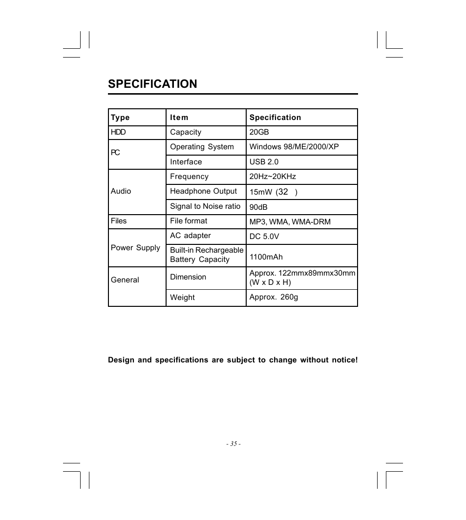 Specification | Microsoft HDP-3202-BS User Manual | Page 36 / 38