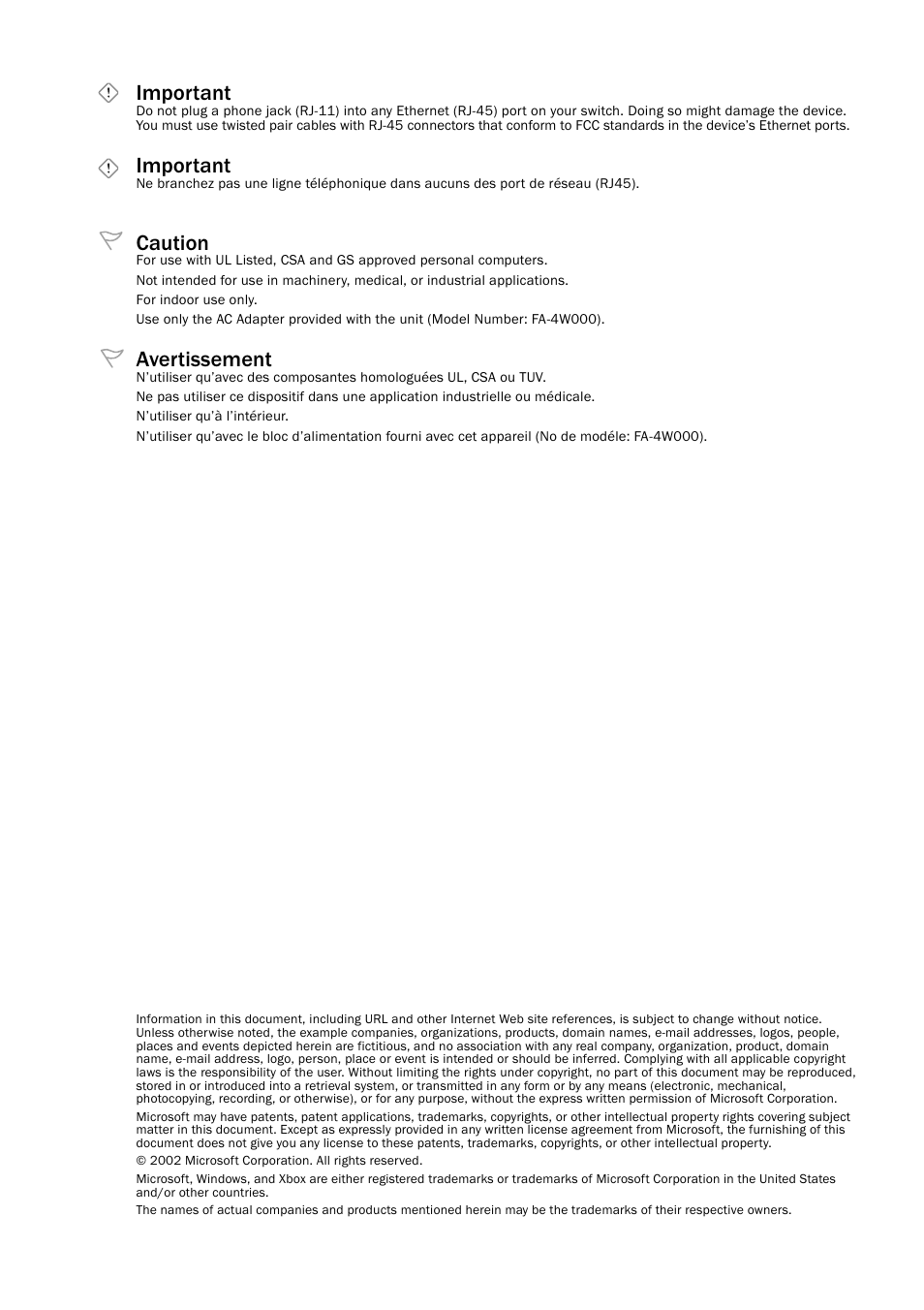 Important, Caution, Avertissement | Microsoft MN-150 User Manual | Page 2 / 40