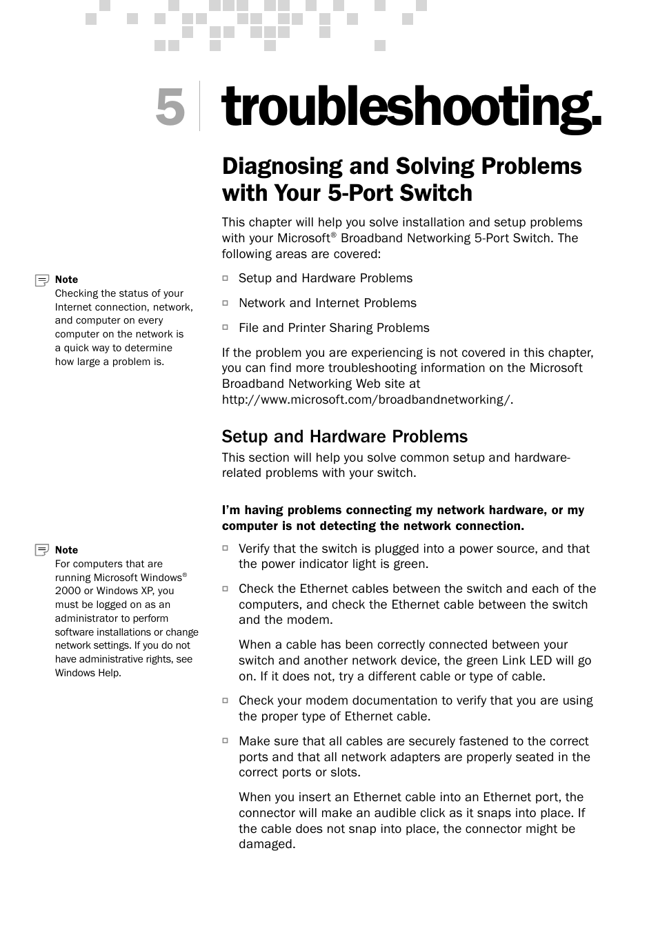 Troubleshooting, Setup and hardware problems | Microsoft MN-150 User Manual | Page 21 / 40