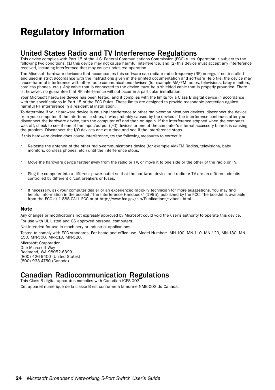 Regulatory information, Canadian radiocommunication regulations | Microsoft MN-150 User Manual | Page 28 / 40