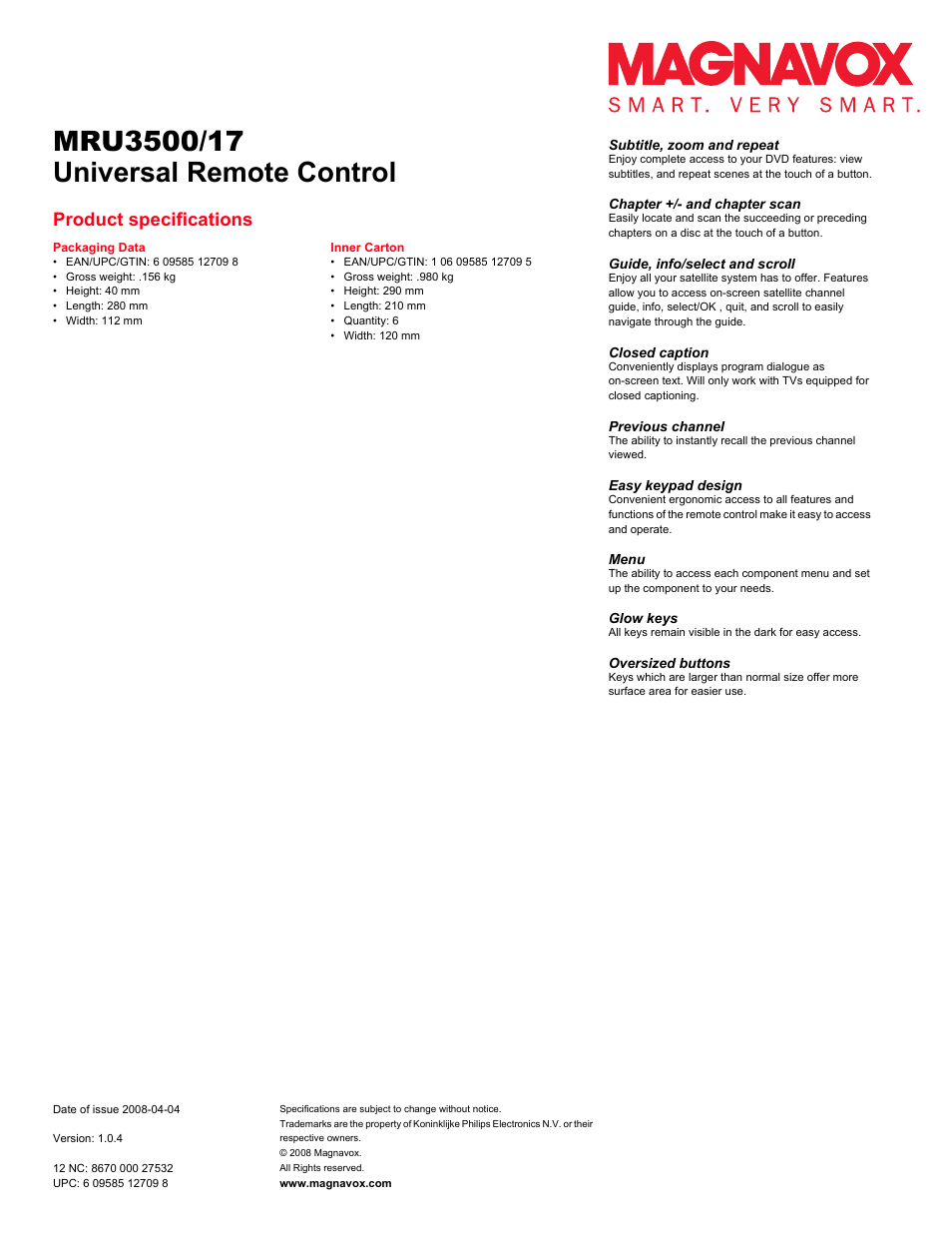 Universal remote control, Product specifications | Philips Magnavox MRU3500 User Manual | Page 2 / 2