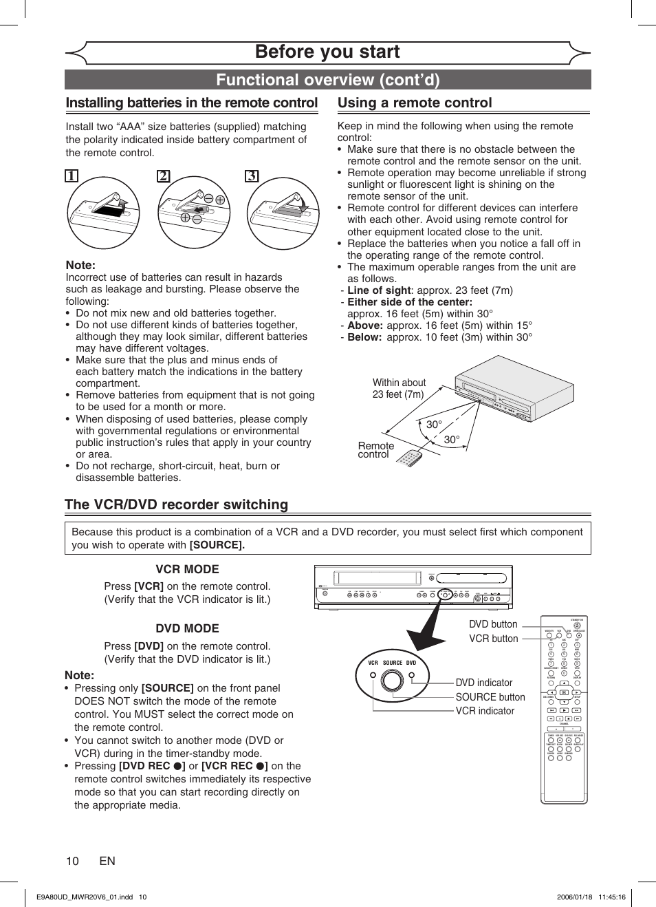 Before you start, Functional overview (cont’d), Using a remote control | Installing batteries in the remote control, The vcr/dvd recorder switching, 10 en, Vcr mode dvd mode | Philips Magnavox MWR20V6 User Manual | Page 10 / 90