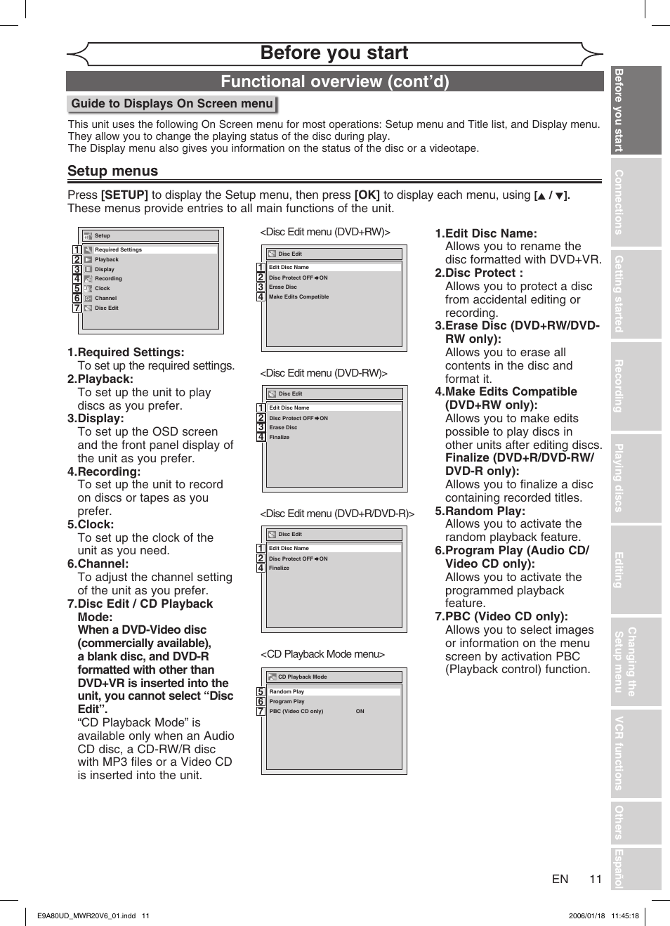 Before you start, Functional overview (cont’d), Setup menus | Philips Magnavox MWR20V6 User Manual | Page 11 / 90