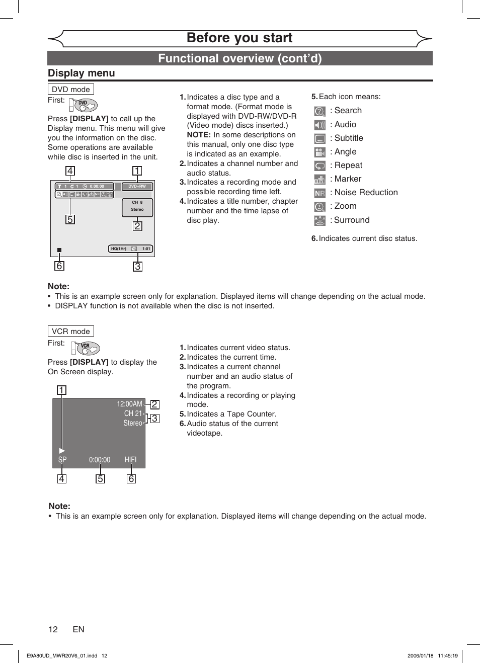 Before you start, Functional overview (cont’d), Display menu | Philips Magnavox MWR20V6 User Manual | Page 12 / 90