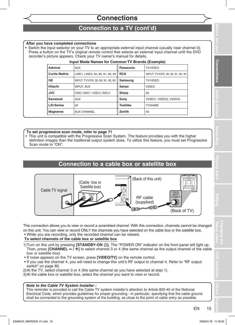 Connection b, Connections, Connection to a cable box or satellite box | Connection to a tv (cont’d), Plug in the ac power cord of this unit, Back of tv), Cable box or satellite box), Cable signal | Philips Magnavox MWR20V6 User Manual | Page 15 / 90