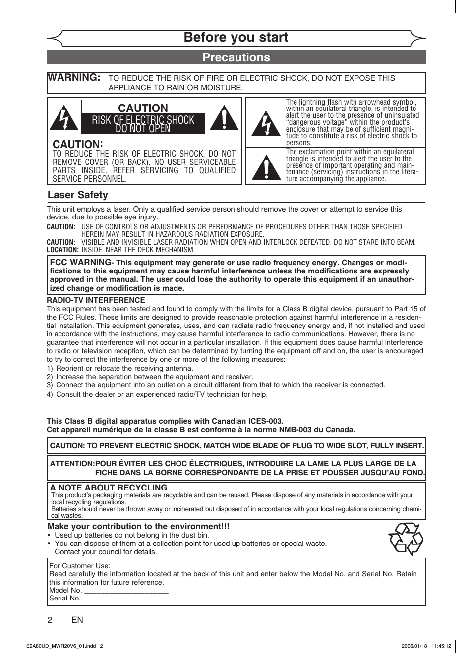 Before you start, Precautions, Caution | Caution risk of electric shock do not open, Laser safety, Warning | Philips Magnavox MWR20V6 User Manual | Page 2 / 90