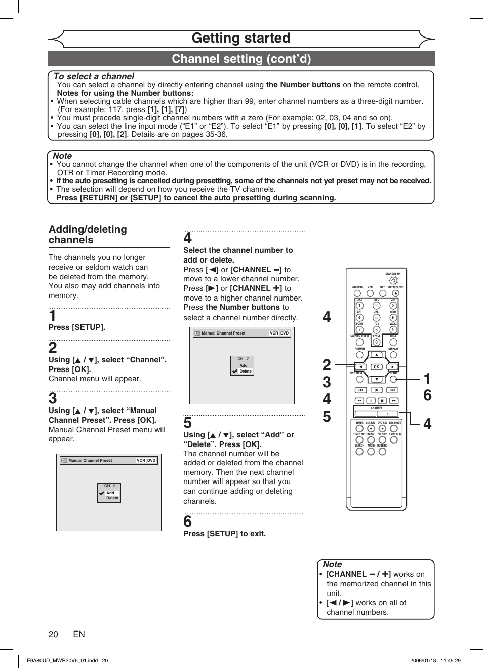 Getting started, Channel setting (cont’d), Adding/deleting channels | Philips Magnavox MWR20V6 User Manual | Page 20 / 90