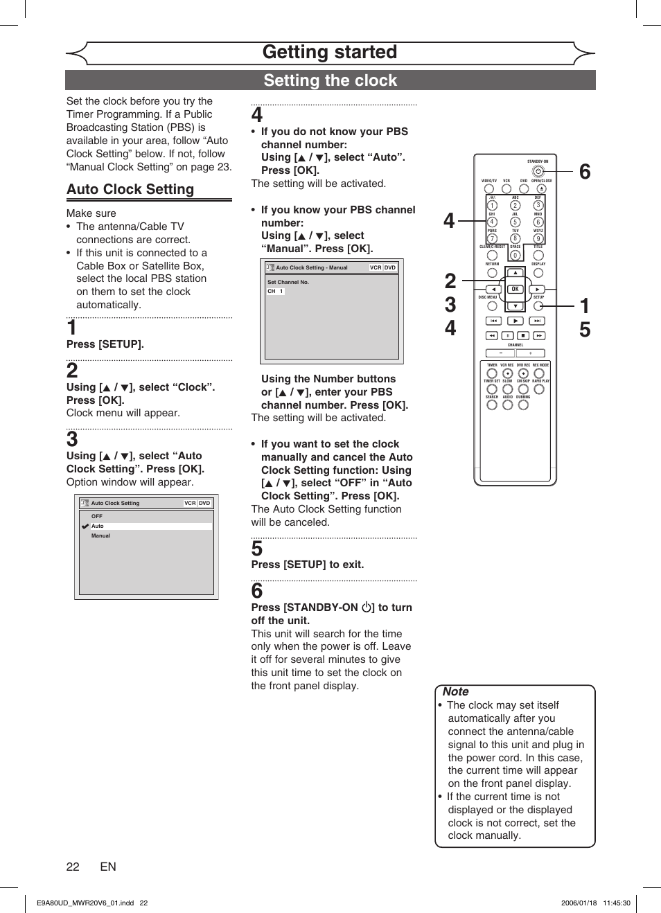 Getting started, Setting the clock, Auto clock setting | Philips Magnavox MWR20V6 User Manual | Page 22 / 90