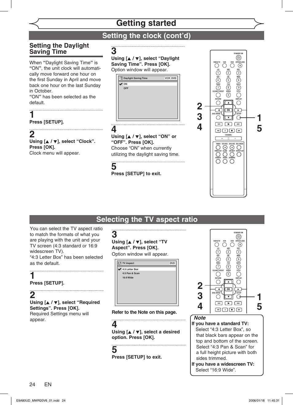 Getting started, Setting the clock (cont’d), Selecting the tv aspect ratio | Setting the daylight saving time, 4 en | Philips Magnavox MWR20V6 User Manual | Page 24 / 90