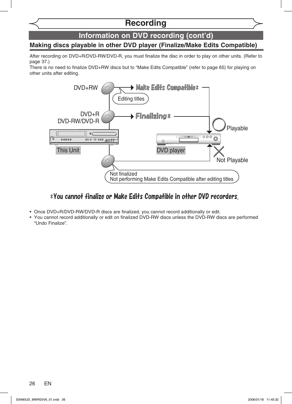 Recording, ᵤᶇᶌᵿᶊᶇᶘᶇᶌᶅᵈ, Information on dvd recording (cont’d) | Philips Magnavox MWR20V6 User Manual | Page 26 / 90