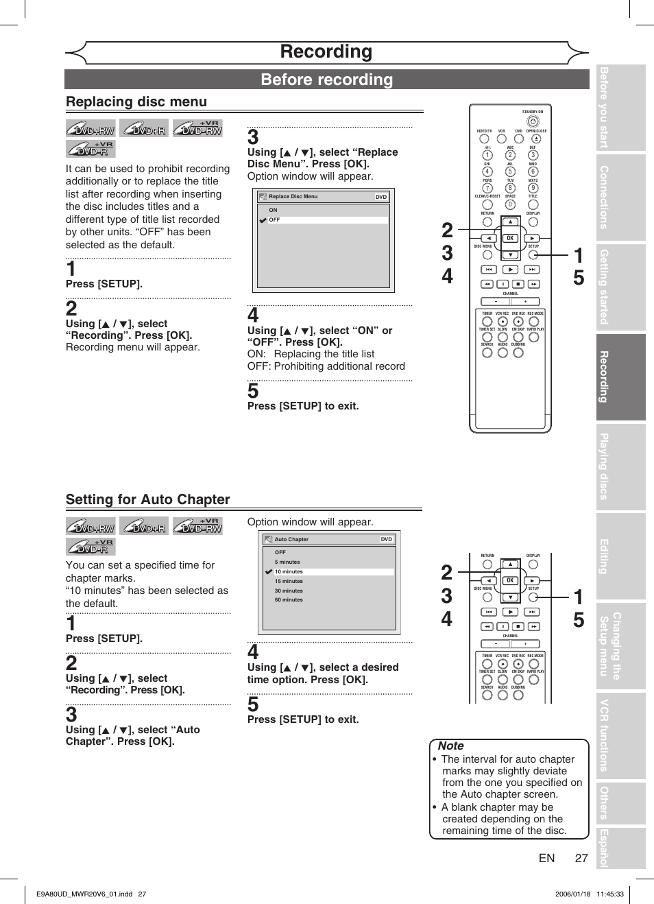 Recording, Before recording, Replacing disc menu | Setting for auto chapter | Philips Magnavox MWR20V6 User Manual | Page 27 / 90