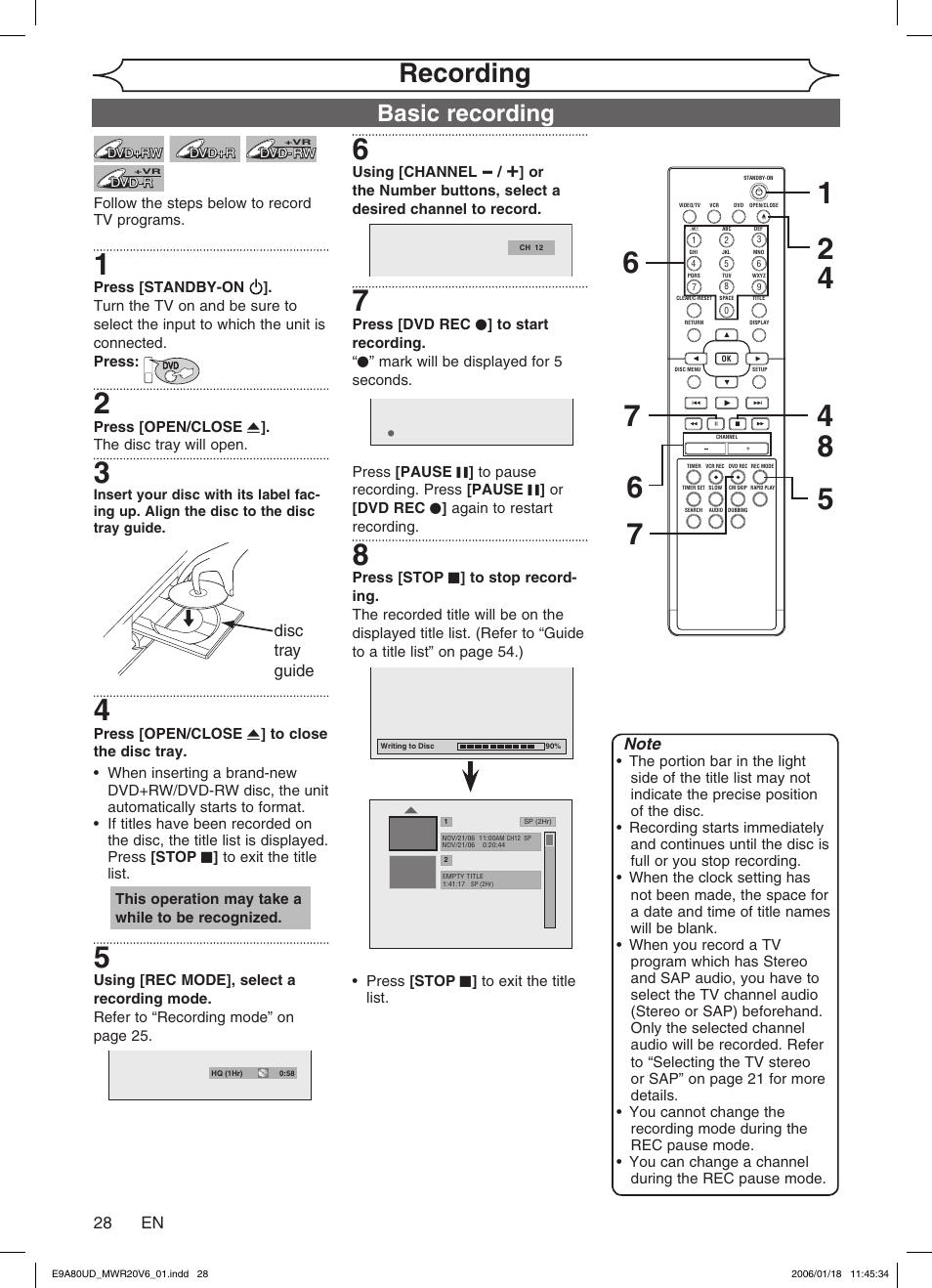 Recording, Basic recording | Philips Magnavox MWR20V6 User Manual | Page 28 / 90