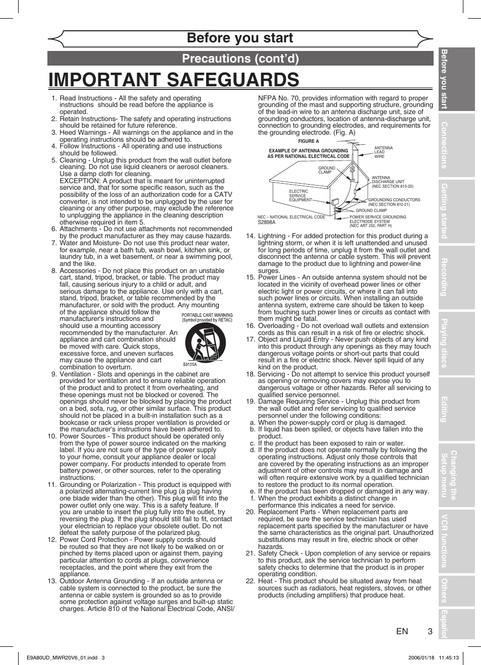 Important safeguards, Before you start, Precautions (cont’d) | Philips Magnavox MWR20V6 User Manual | Page 3 / 90