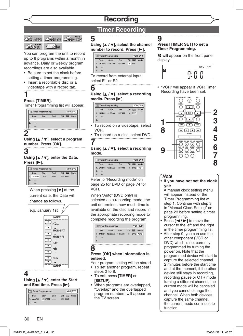 Recording, Timer recording, 30 en | Philips Magnavox MWR20V6 User Manual | Page 30 / 90