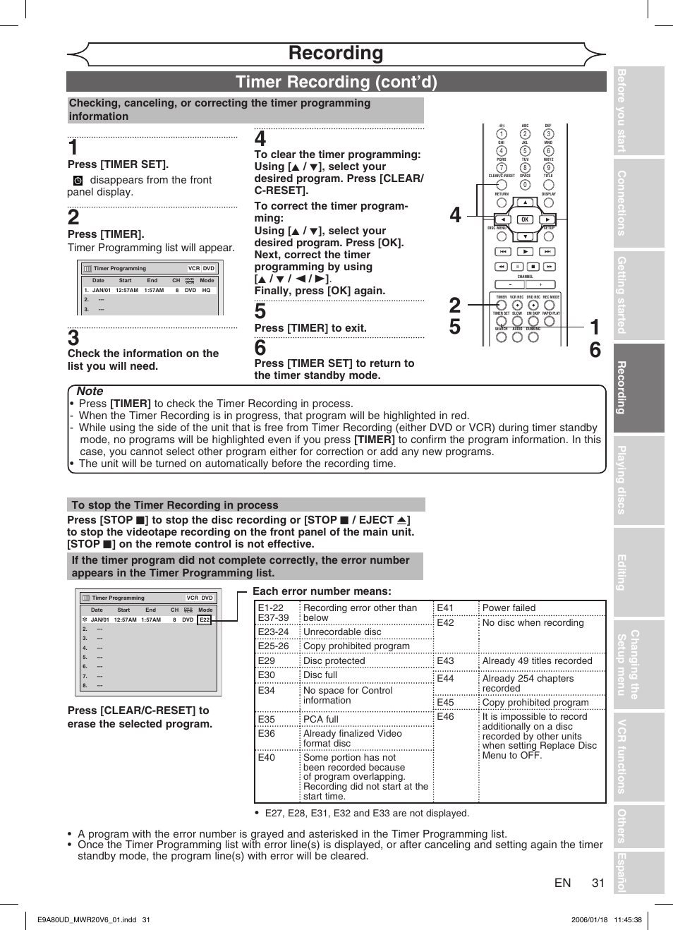 Recording, Timer recording (cont’d) | Philips Magnavox MWR20V6 User Manual | Page 31 / 90