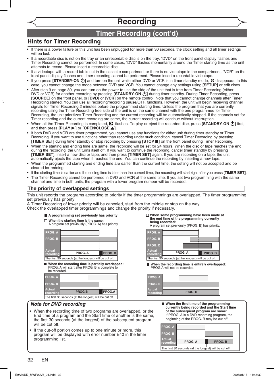 Recording, Timer recording (cont’d), Hints for timer recording | 3 en, The priority of overlapped settings | Philips Magnavox MWR20V6 User Manual | Page 32 / 90