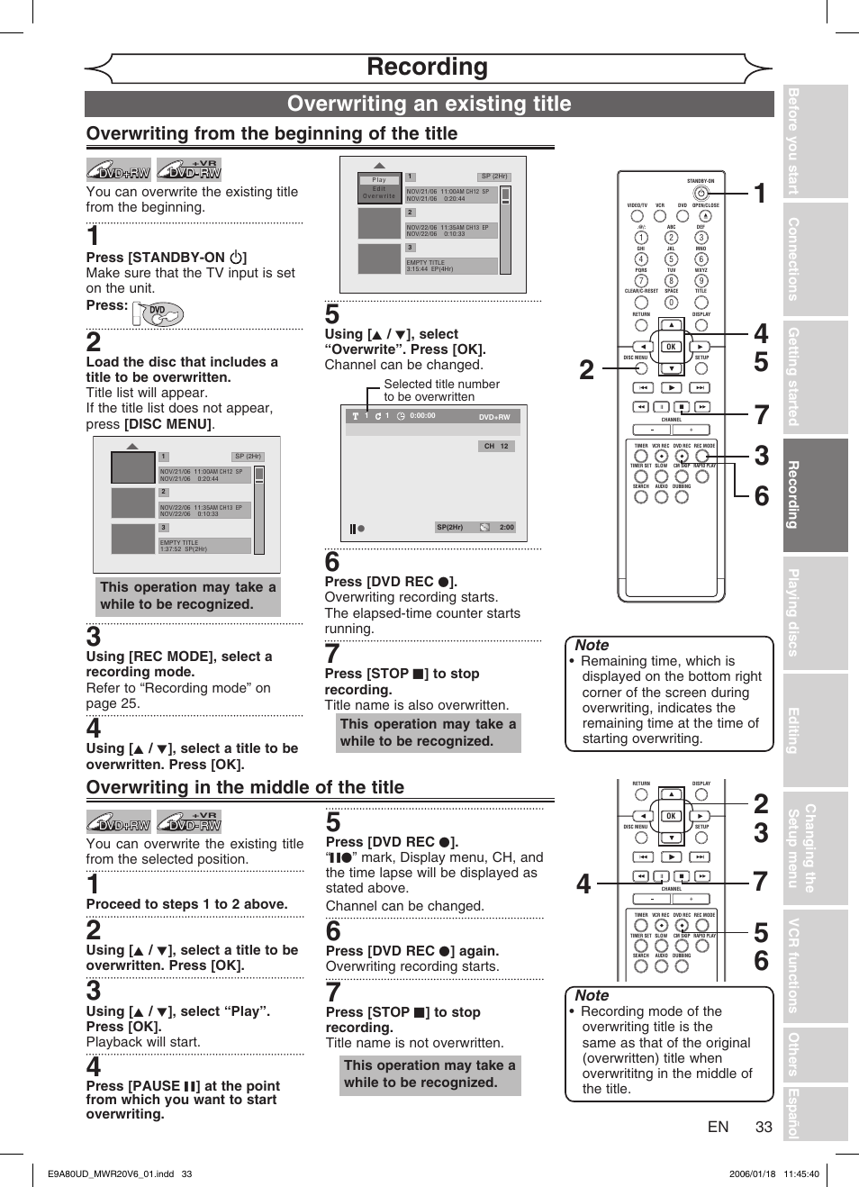 Recording, Overwriting an existing title, Overwriting from the beginning of the title | Overwriting in the middle of the title | Philips Magnavox MWR20V6 User Manual | Page 33 / 90