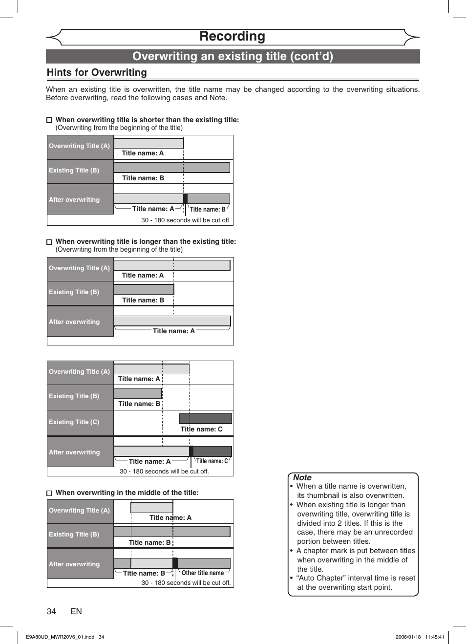 Recording, Overwriting an existing title (cont’d), Hints for overwriting | Philips Magnavox MWR20V6 User Manual | Page 34 / 90