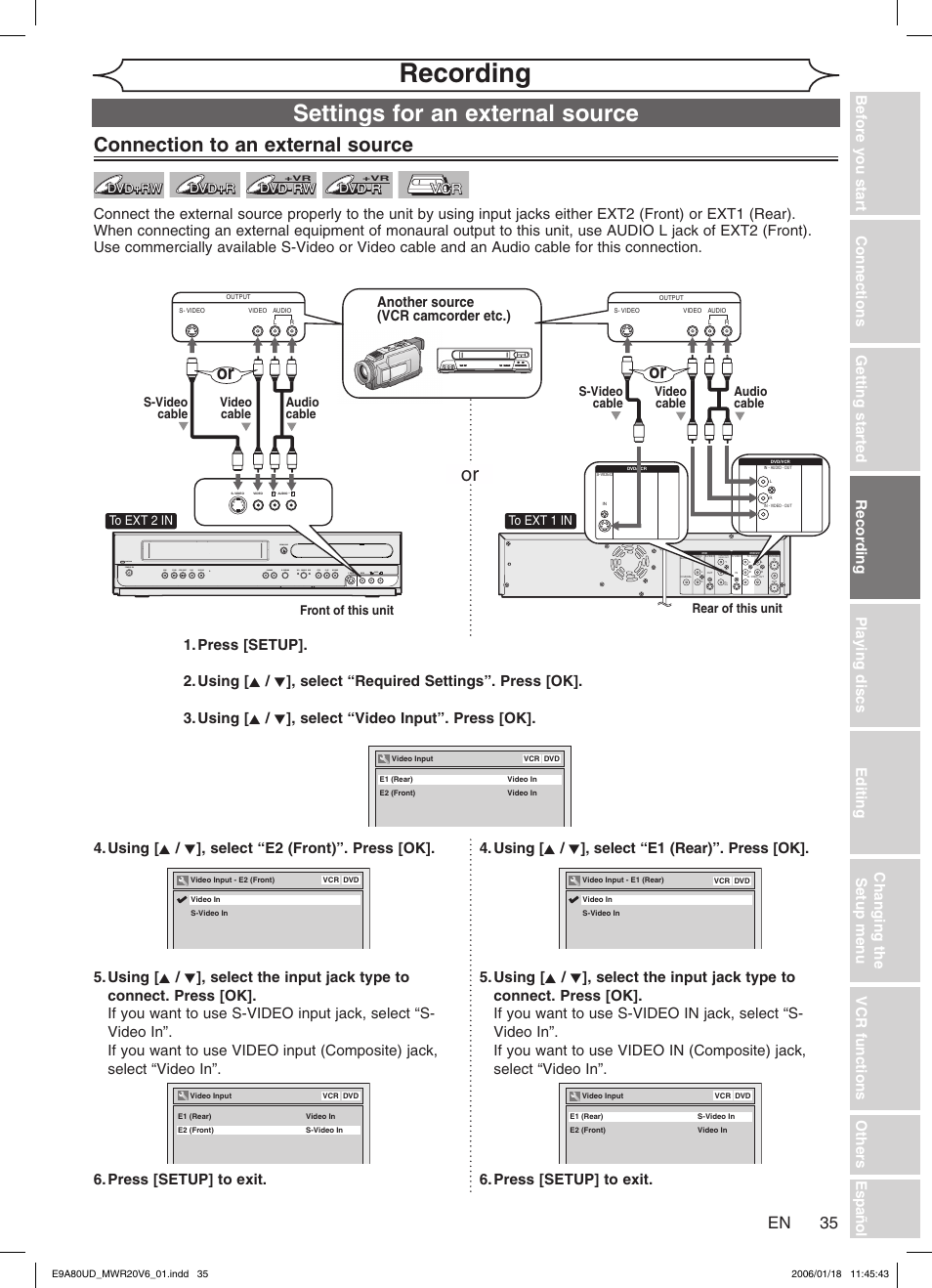 Recording, Settings for an external source, Connection to an external source | Another source (vcr camcorder etc.) | Philips Magnavox MWR20V6 User Manual | Page 35 / 90