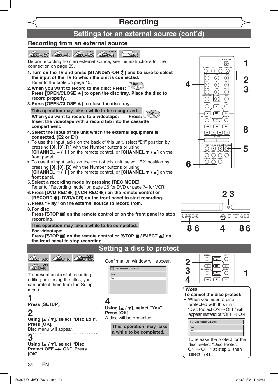 Recording, Setting a disc to protect, Settings for an external source (cont’d) | Recording from an external source, 36 en | Philips Magnavox MWR20V6 User Manual | Page 36 / 90