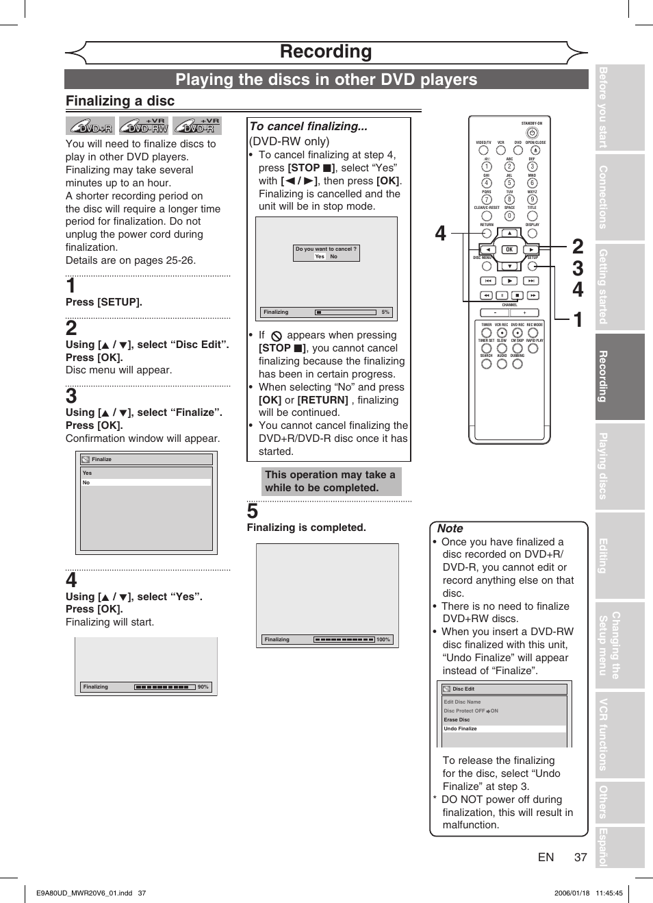 Recording, Playing the discs in other dvd players, Finalizing a disc | Philips Magnavox MWR20V6 User Manual | Page 37 / 90